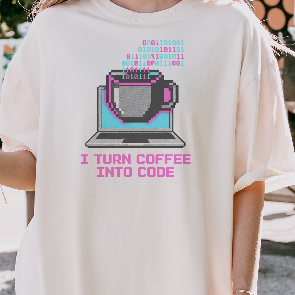 I Turn Coffee Into Code Pixel Mug Escaping Laptop Tee